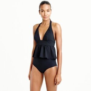 💕 NWT J. Crew Halter Peplum Black Tankini Bikini Top in Piqué Nylon